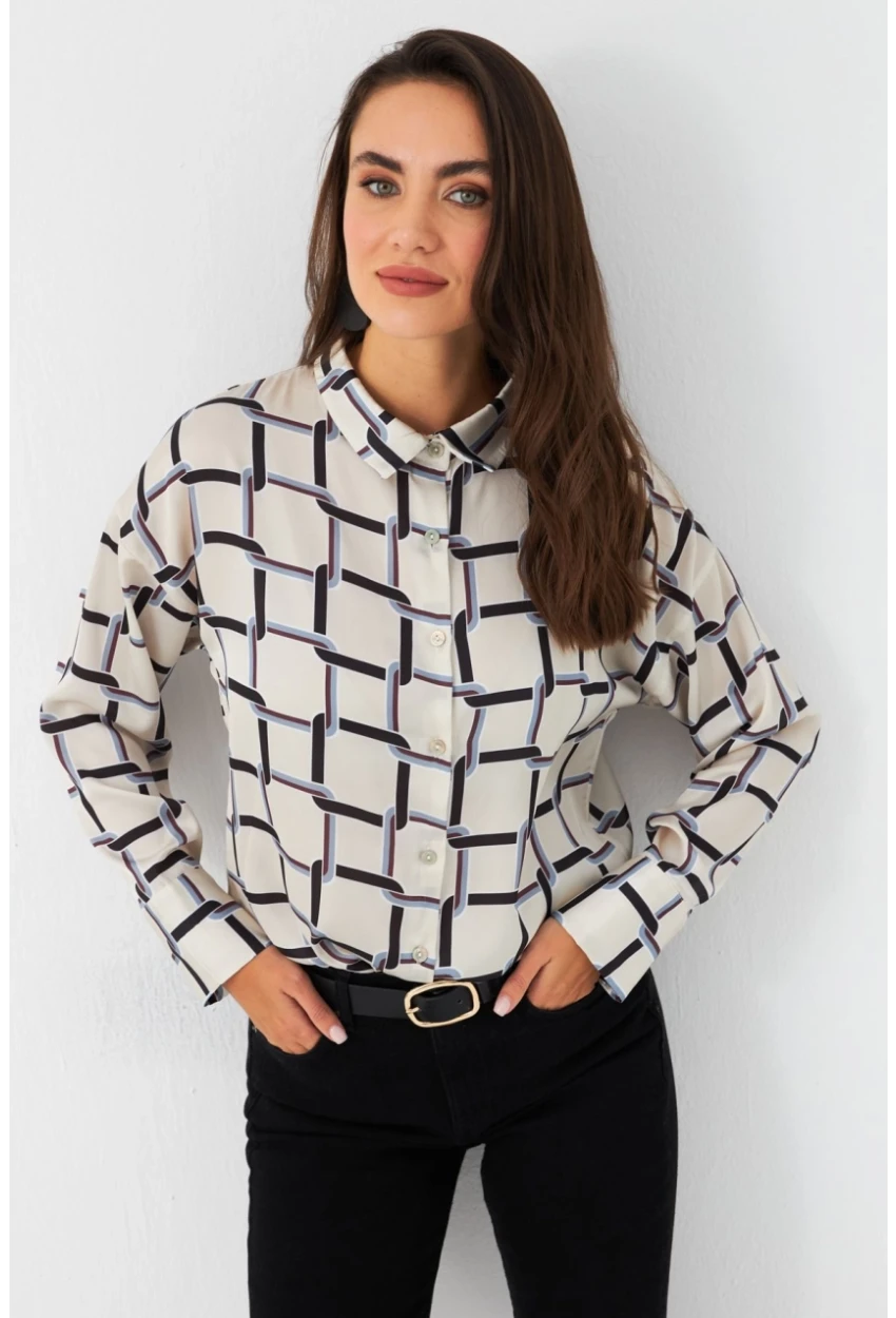 Kadın Ekru-Kahve Desenli Saten Gömlek MSHR500