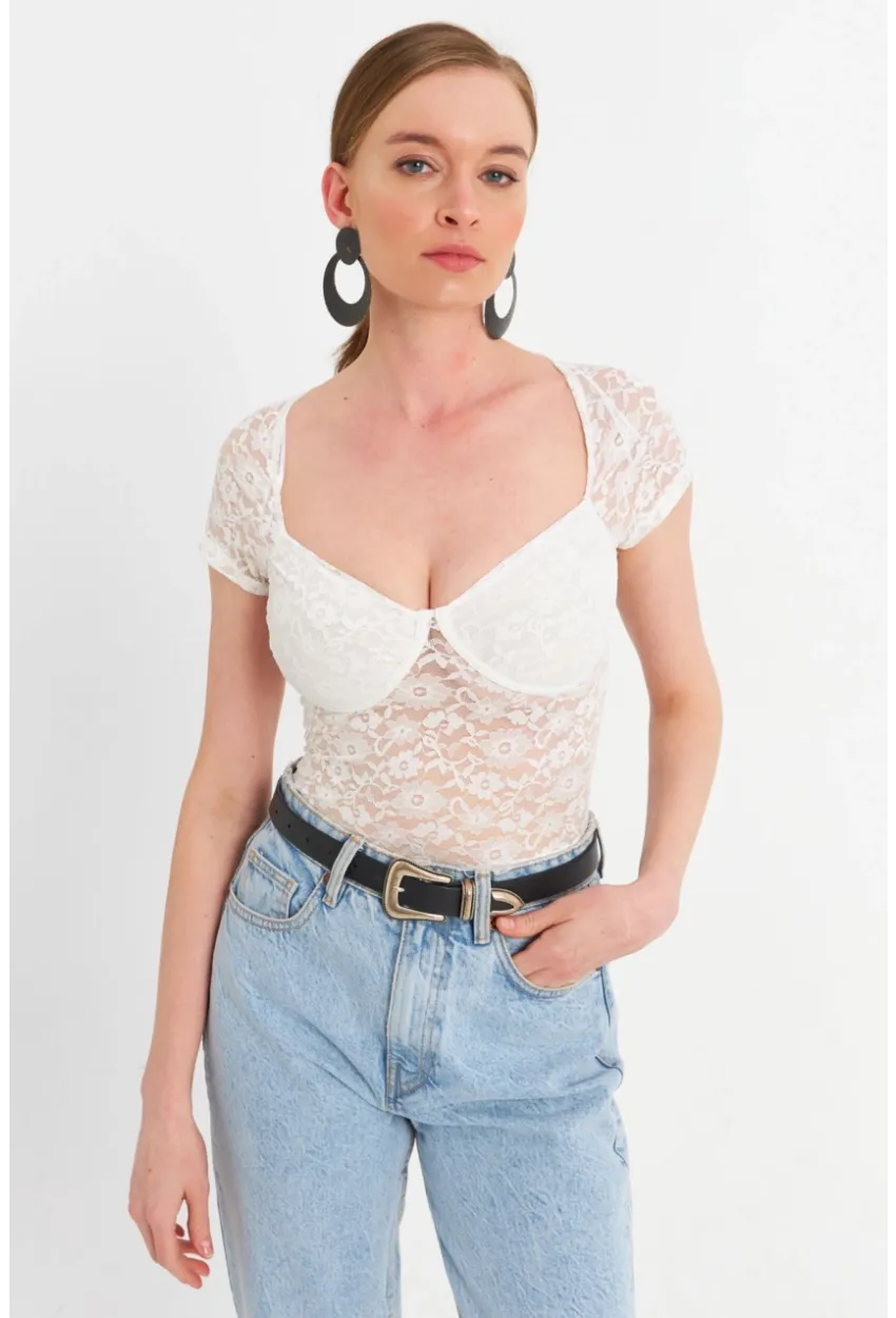 Kadın Ekru Kalp Yaka Tül Crop Bluz TPG05