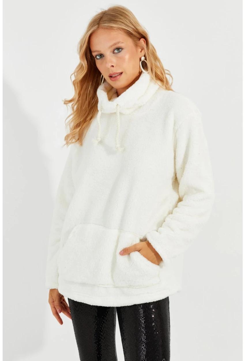 Kadın Ekru Kanguru Cep Peluş Sweatshirt Q978