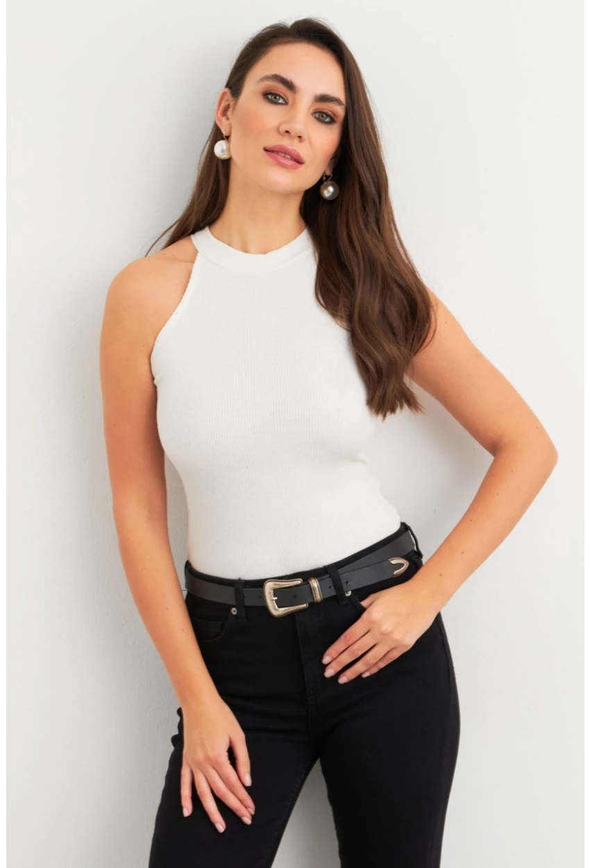 Kadın Ekru Kaşkorse Kolsuz Bluz TF46