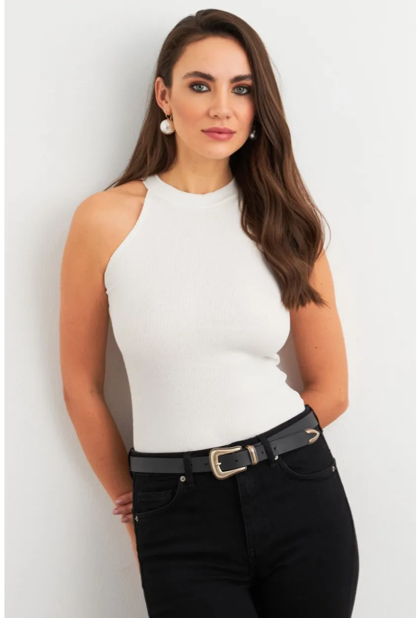 Kadın Ekru Kaşkorse Kolsuz Bluz TF46