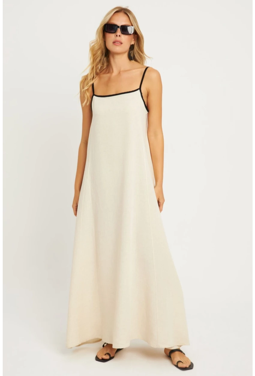 Kadın Ekru Keten Midi Elbise GÇ174