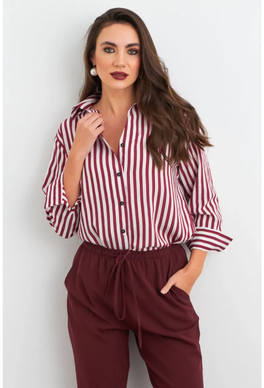 Kadın Ekru-Kiremit Çizgili Salaş Gömlek ELA6932