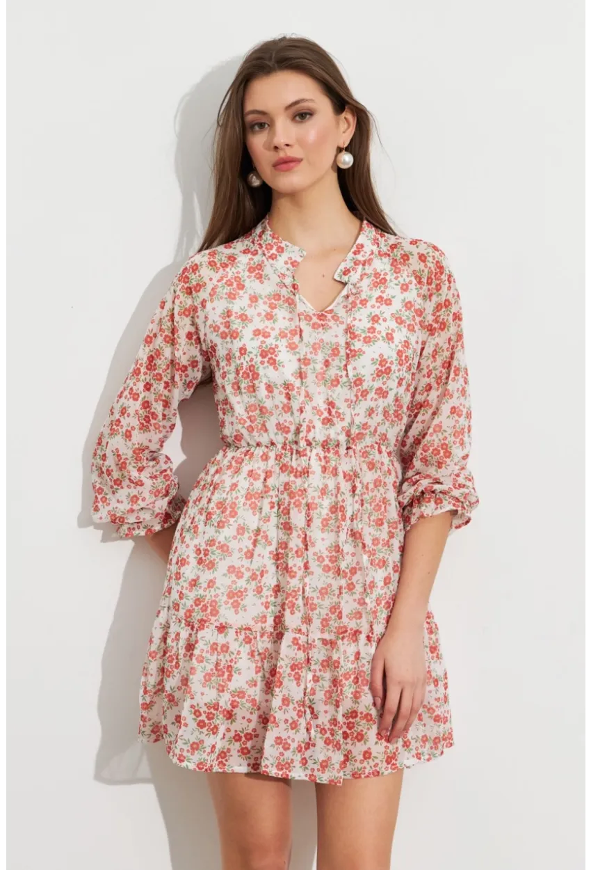 Kadın Ekru-Kırmızı Desenli Şifon Mini Elbise ROP107