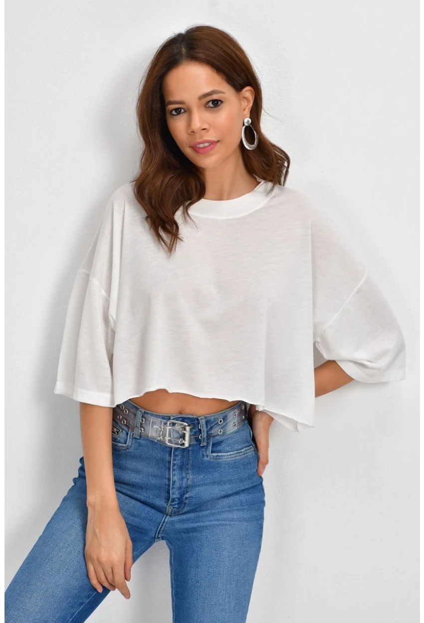 Kadın Ekru Kısa Salaş Bluz BE1000