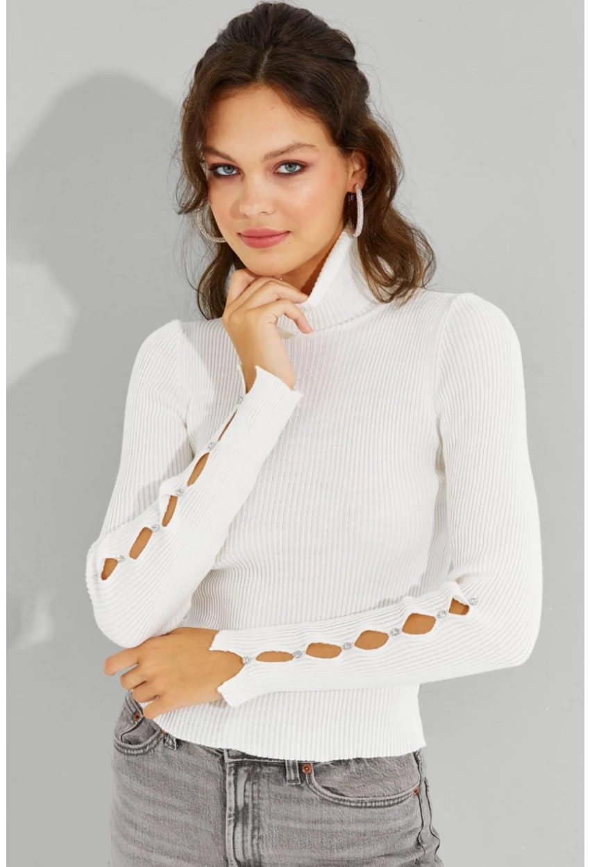 Kadın Ekru Kolları Taş Detaylı Balıkçı Kazak SF2185