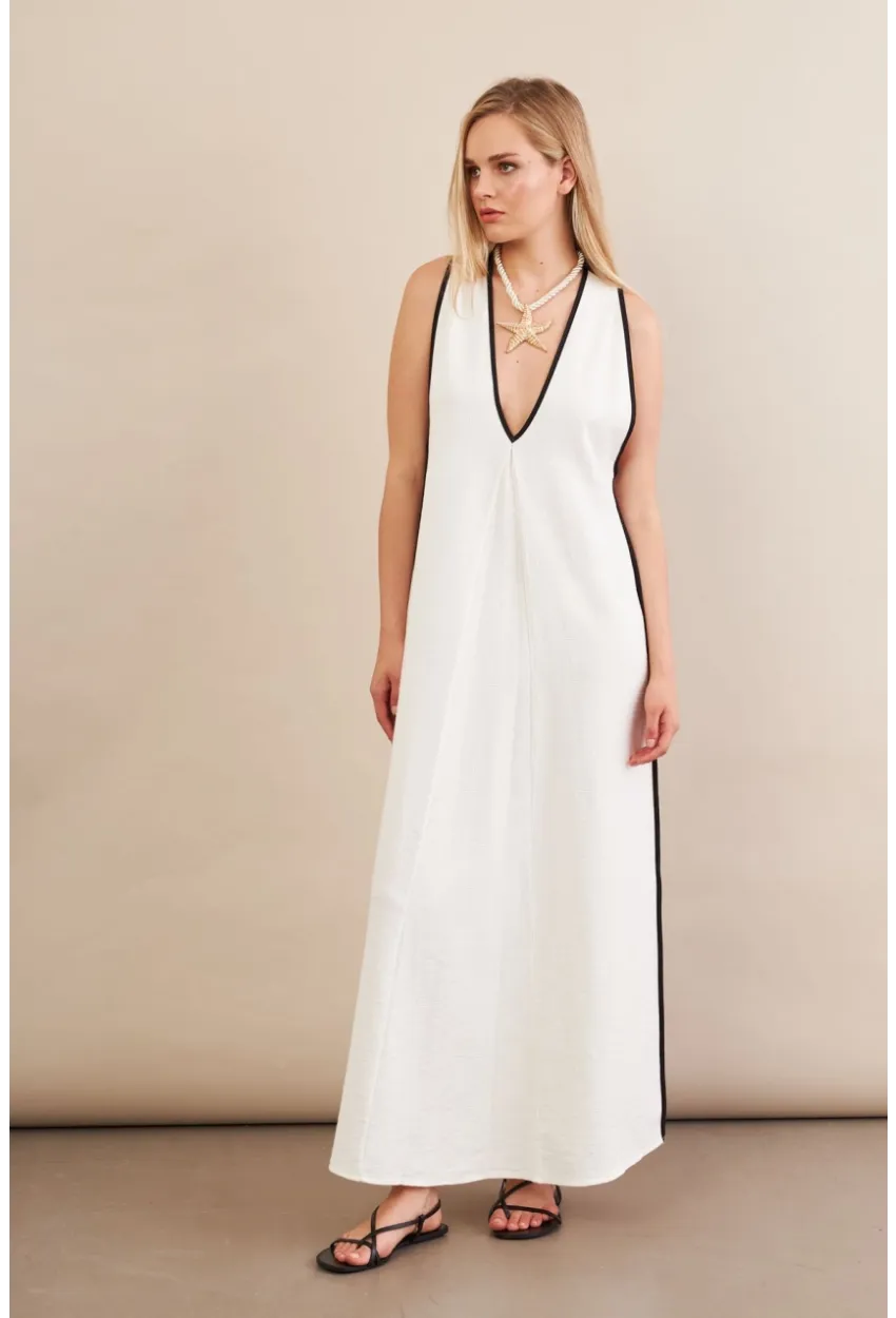 Kadın Ekru Kontrast Çizgili Maxi Keten Elbise MSİ101