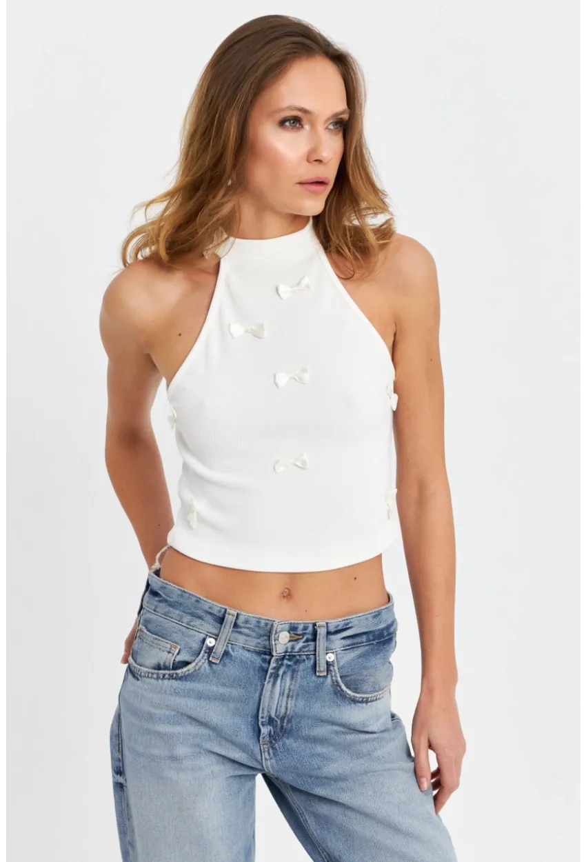 Kadın Ekru Kurdele Detaylı Halter Yaka Bluz MTK13231