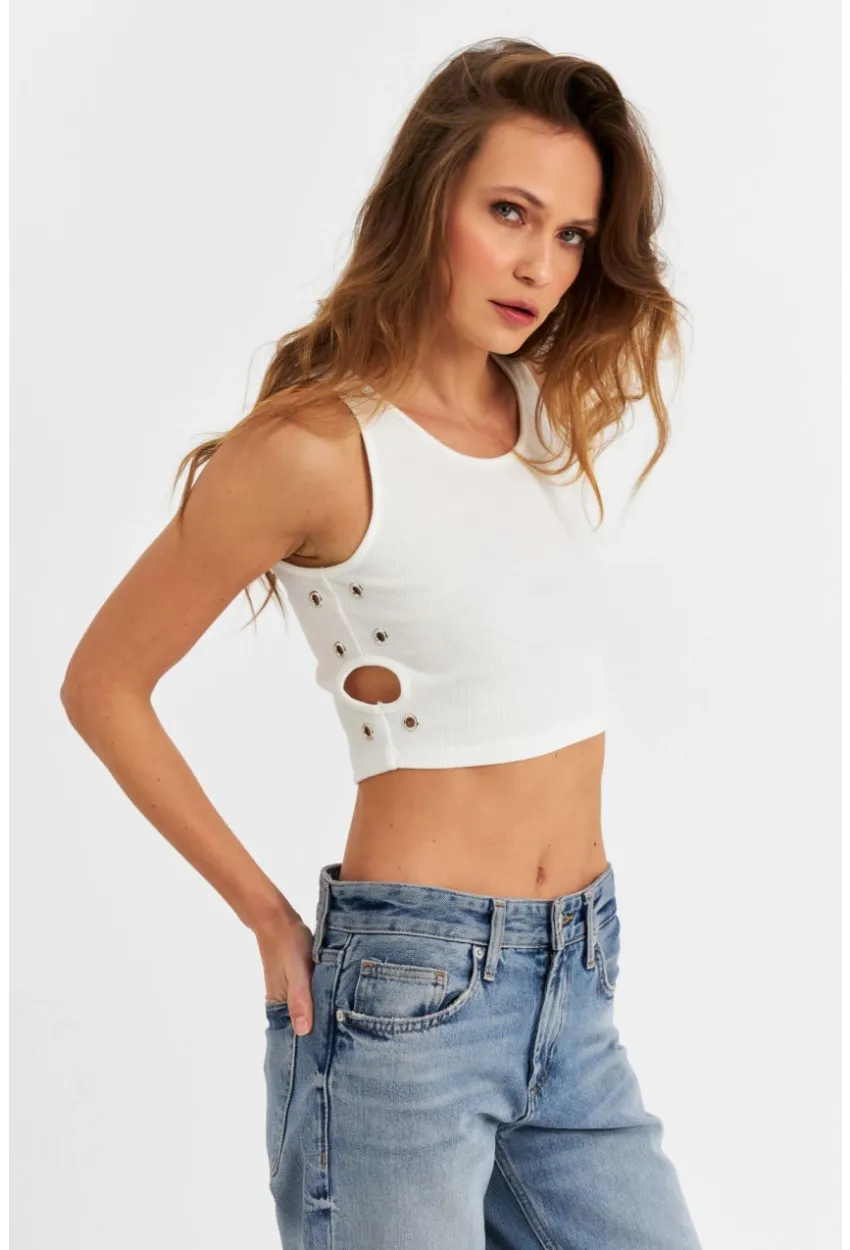 Kadın Ekru Küş Gözlü Crop Bluz ANT101