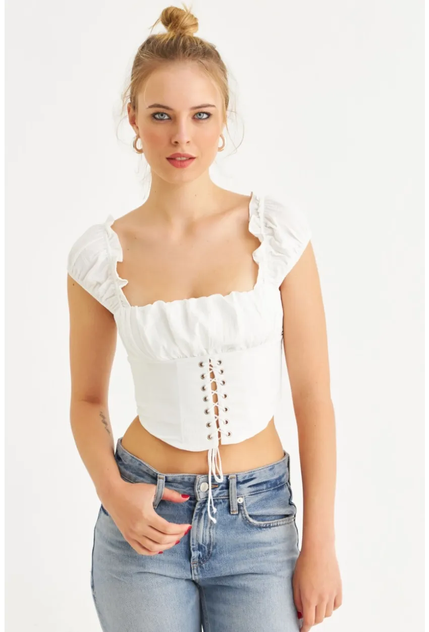 Kadın Ekru Kuş Gözlü Crop Bluz YEL221128