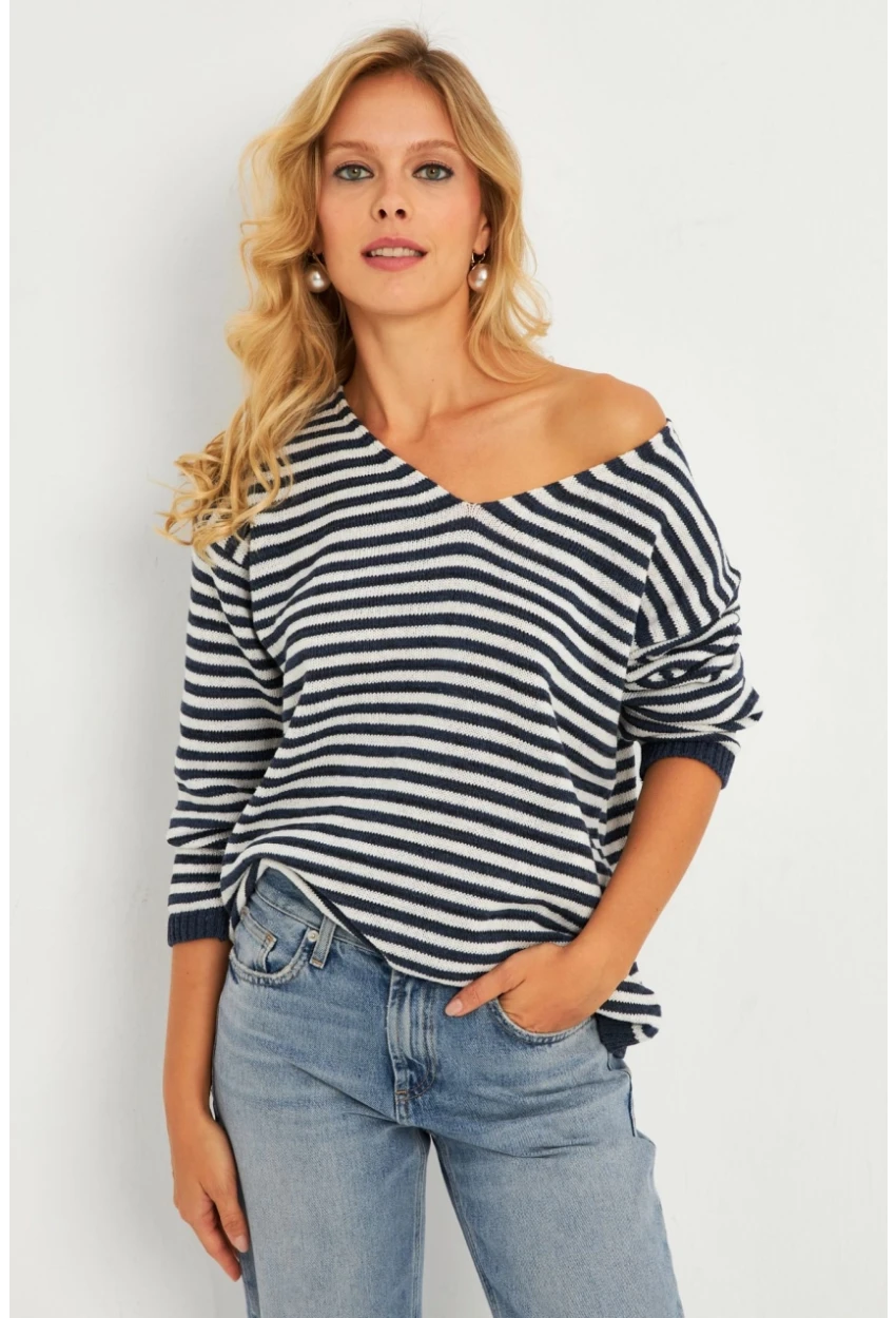 Kadın Ekru-Lacivert V Yaka Triko Salaş Bluz YV283