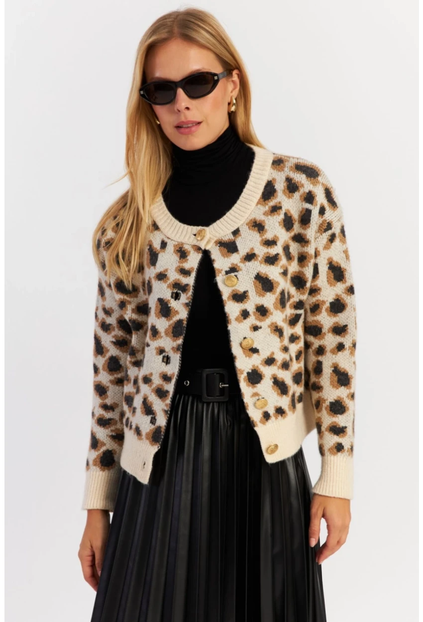 Kadın Ekru Leopar Hırka MYV285