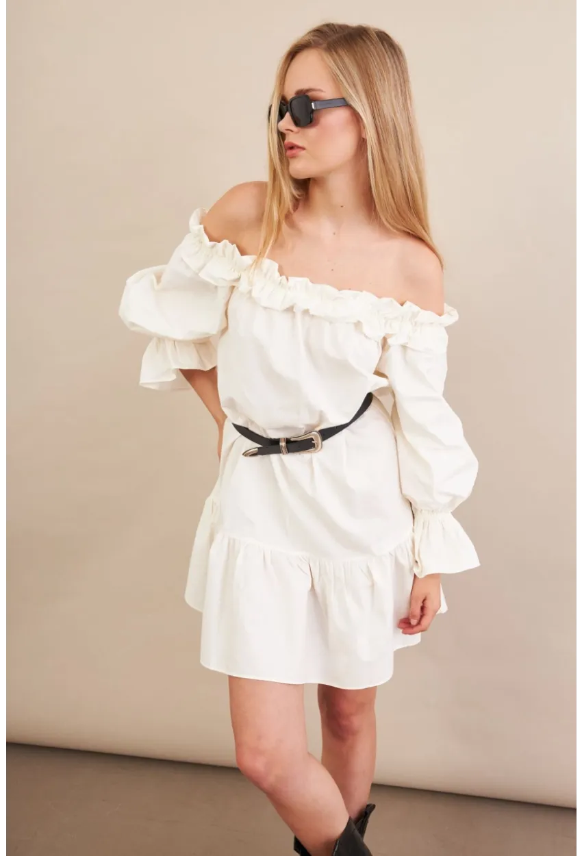 Kadın Ekru Madonna Yaka Midi Elbise PSG1012