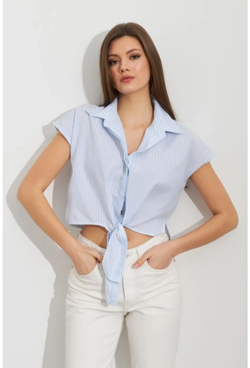 Kadın Ekru-Mavi Çizgili Bağlamalı Crop Gömlek MPC306