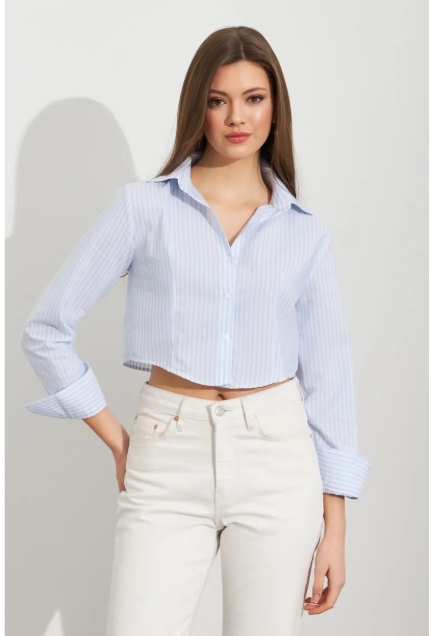 Kadın Ekru-Mavi Çizgili Crop Gömlek MPC305