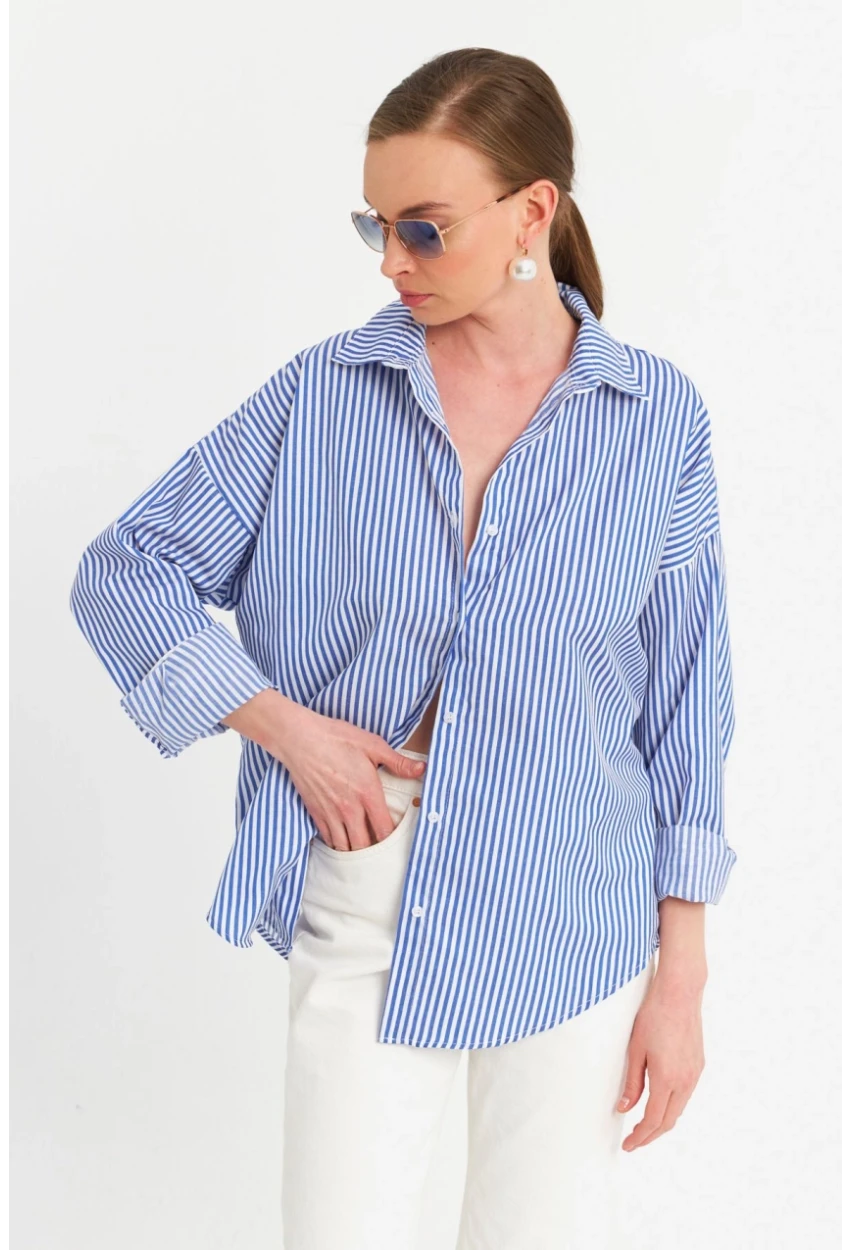 Kadın Ekru-Mavi Çizgili Gömlek ZER425