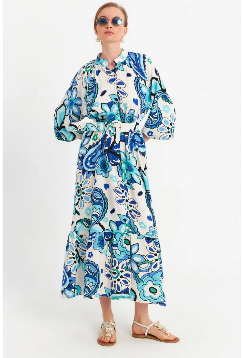 Kadın Ekru-Mavi Desenli Kemerli Midi Gömlek Elbise MSH3051
