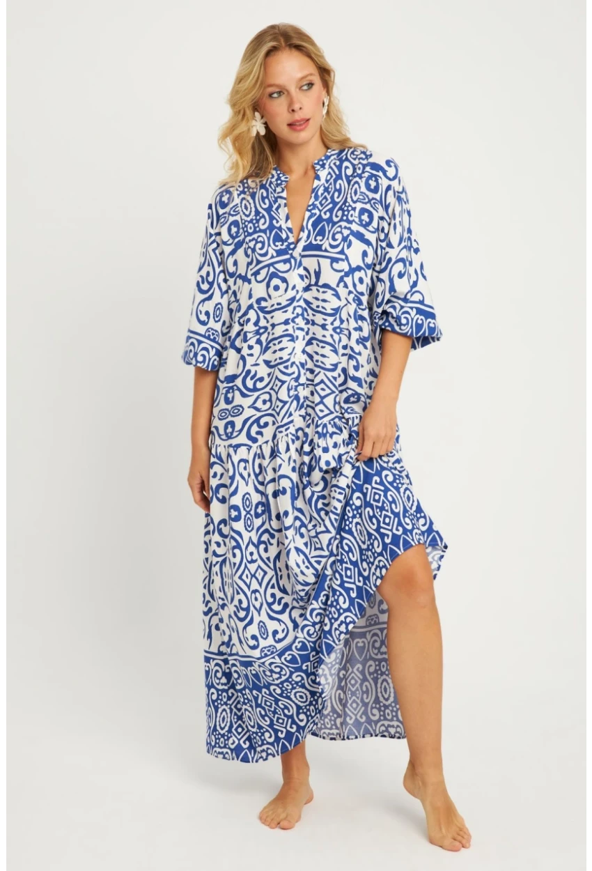 Kadın Ekru-Mavi Desenli Midi Elbise MGÇ169