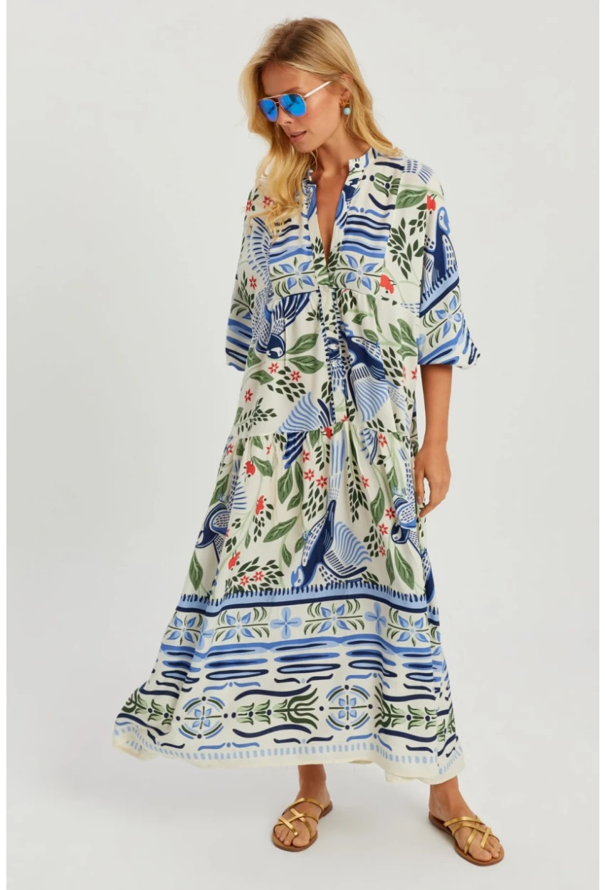 Kadın Ekru-Mavi Desenli Salaş Maxi Elbise GÇ166