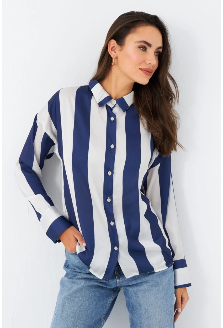 Kadın Ekru-Mavi Desenli Saten Gömlek MSHR500