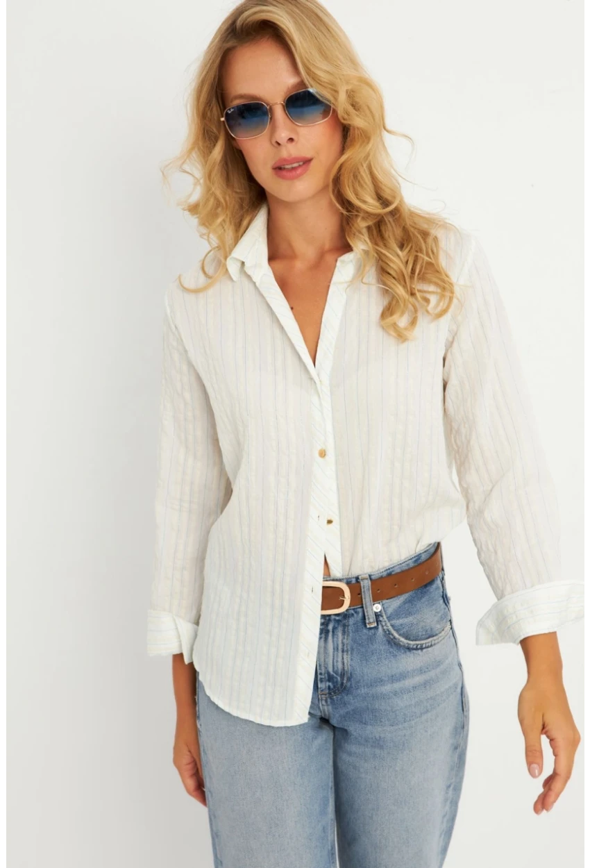 Kadın Ekru-Mavi Gömlek KED714