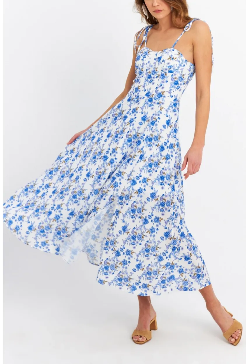 Kadın Ekru-Mavi İp Askılı Çiçekli Midi Elbise ERL10013