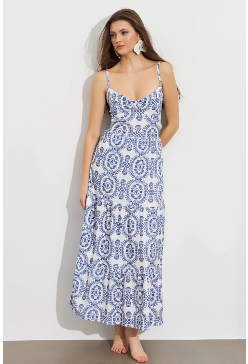 Kadın Ekru-Mavi Sırt Dekolteli Desenli Maxi Elbise LİT110