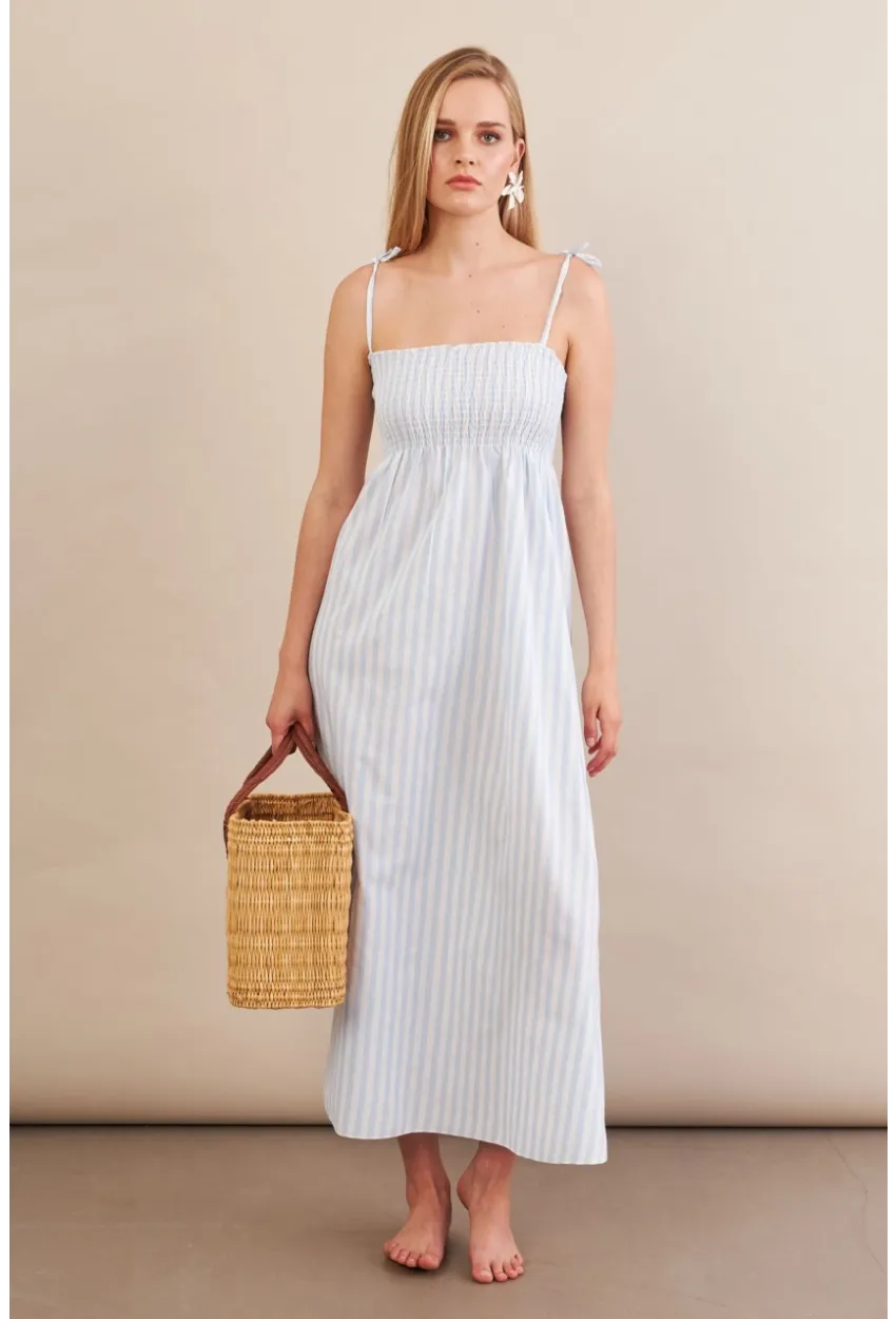 Kadın Ekru-Mavi Straplez çizgili Plaj Elbisesi OR502