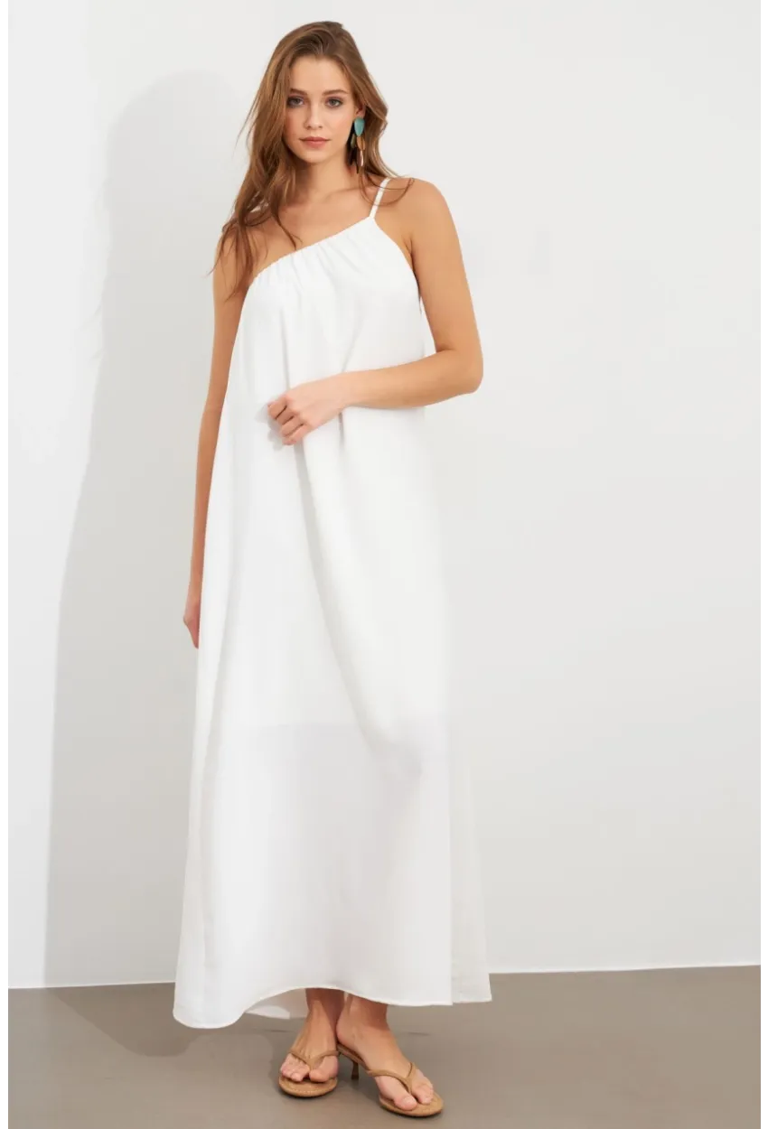 Kadın Ekru Tek Omuz Maxi Elbise İRE1012
