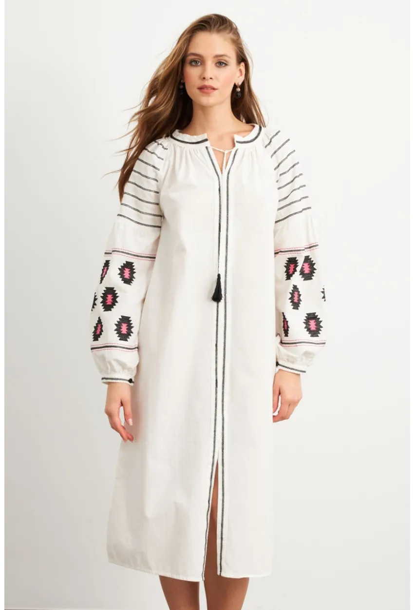 Kadın Ekru Nakışlı Balon Kol Keten Midi Elbise MQS5689-1