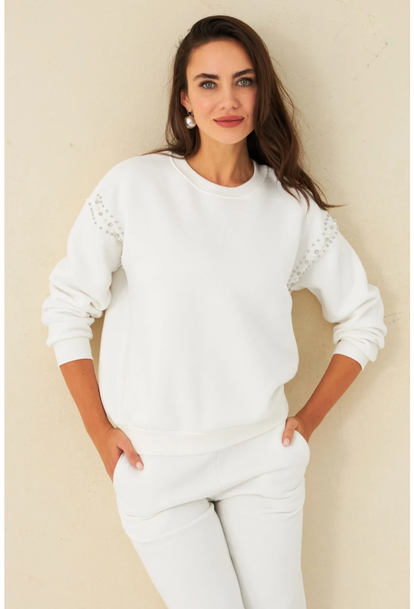 Kadın Ekru Omuzları İnci Detaylı Sweatshirt DY1424