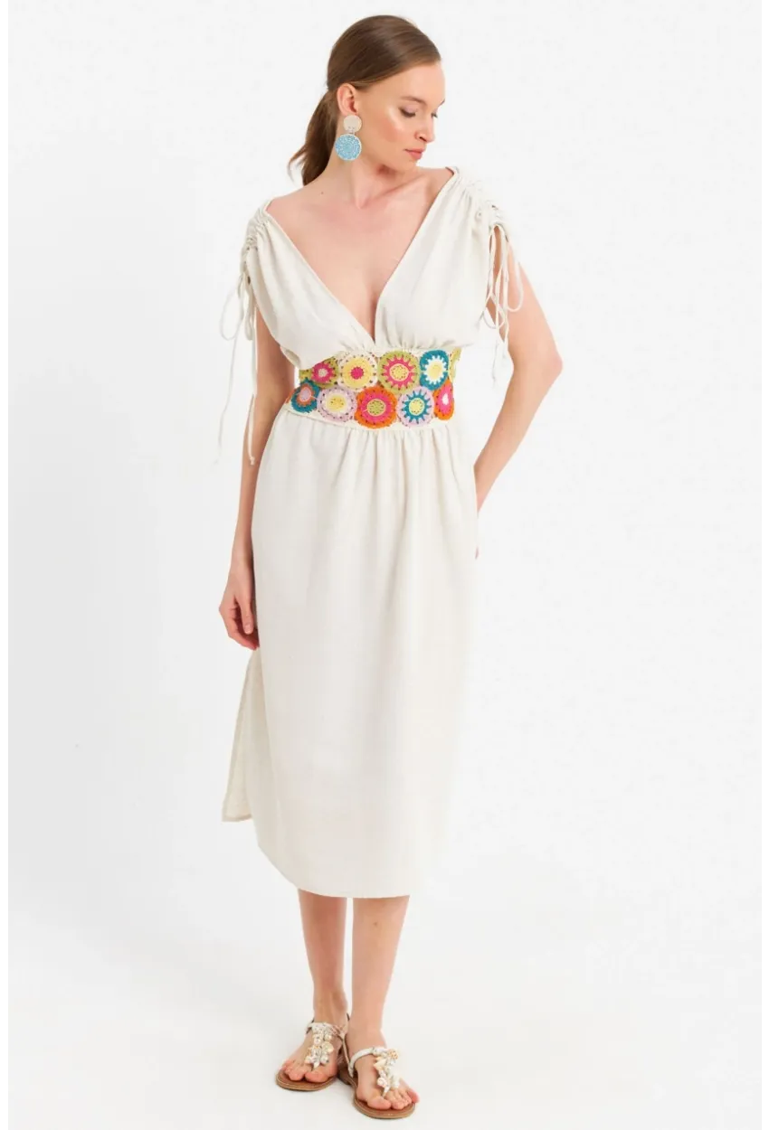 Kadın Ekru Ön Arka V Nakışlı Midi Elbise ELT180