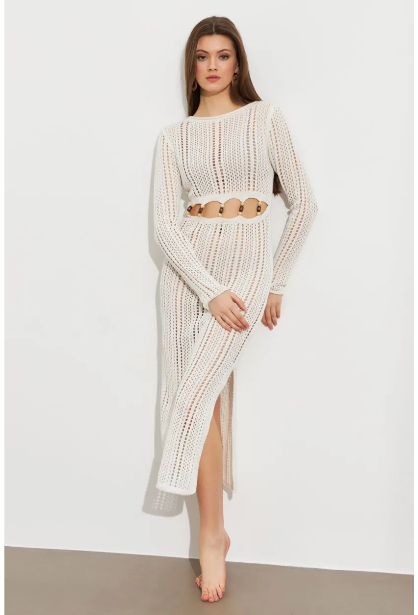 Kadın Ekru Önü Pencereli Ajurlu Plaj Elbisesi KZ545