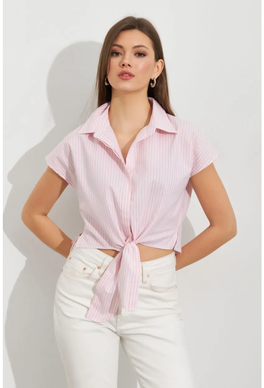 Kadın Ekru-Pembe Çizgili Bağlamalı Crop Gömlek MPC306