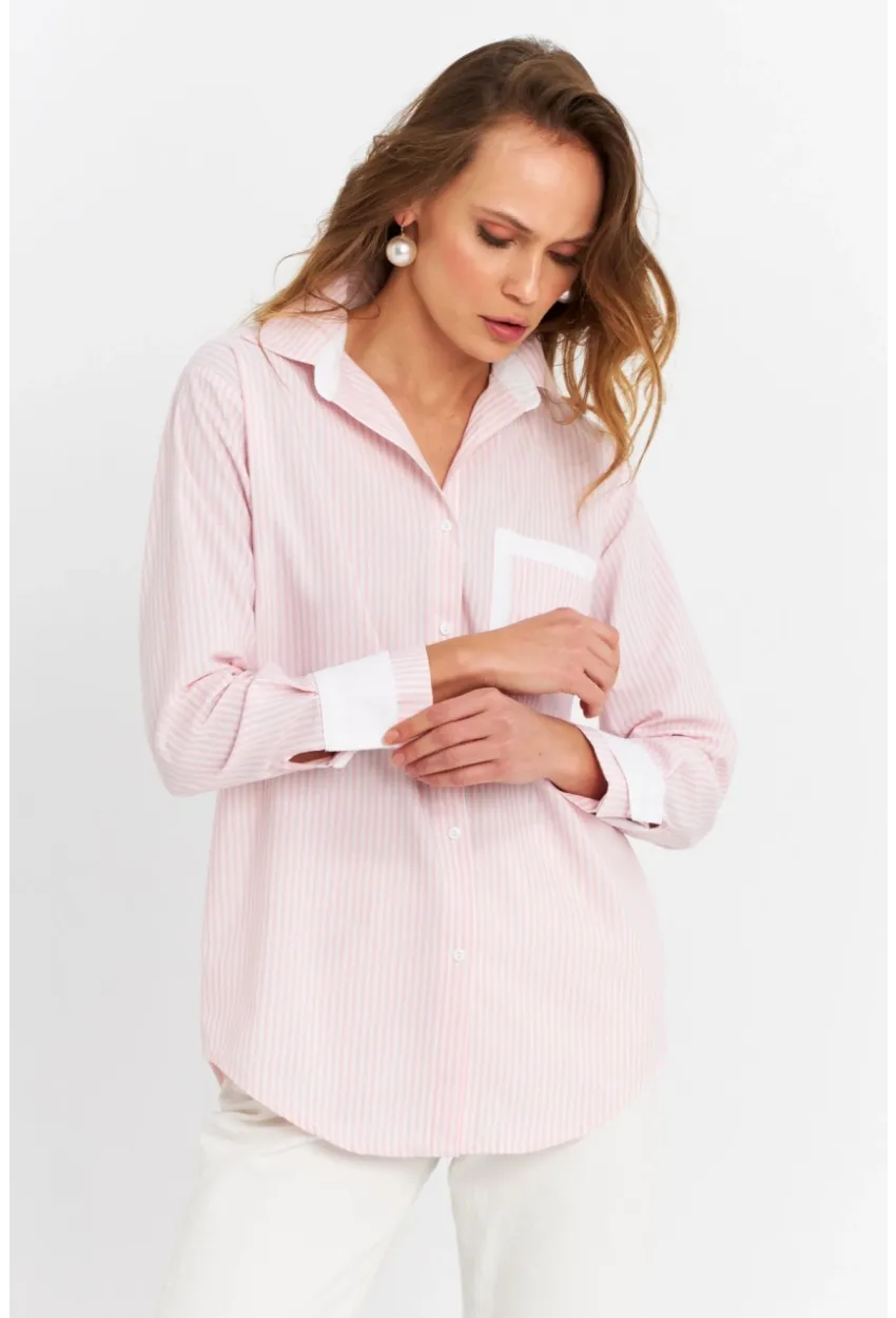 Kadın Ekru-Pembe Çizgili Gömlek MPC6041