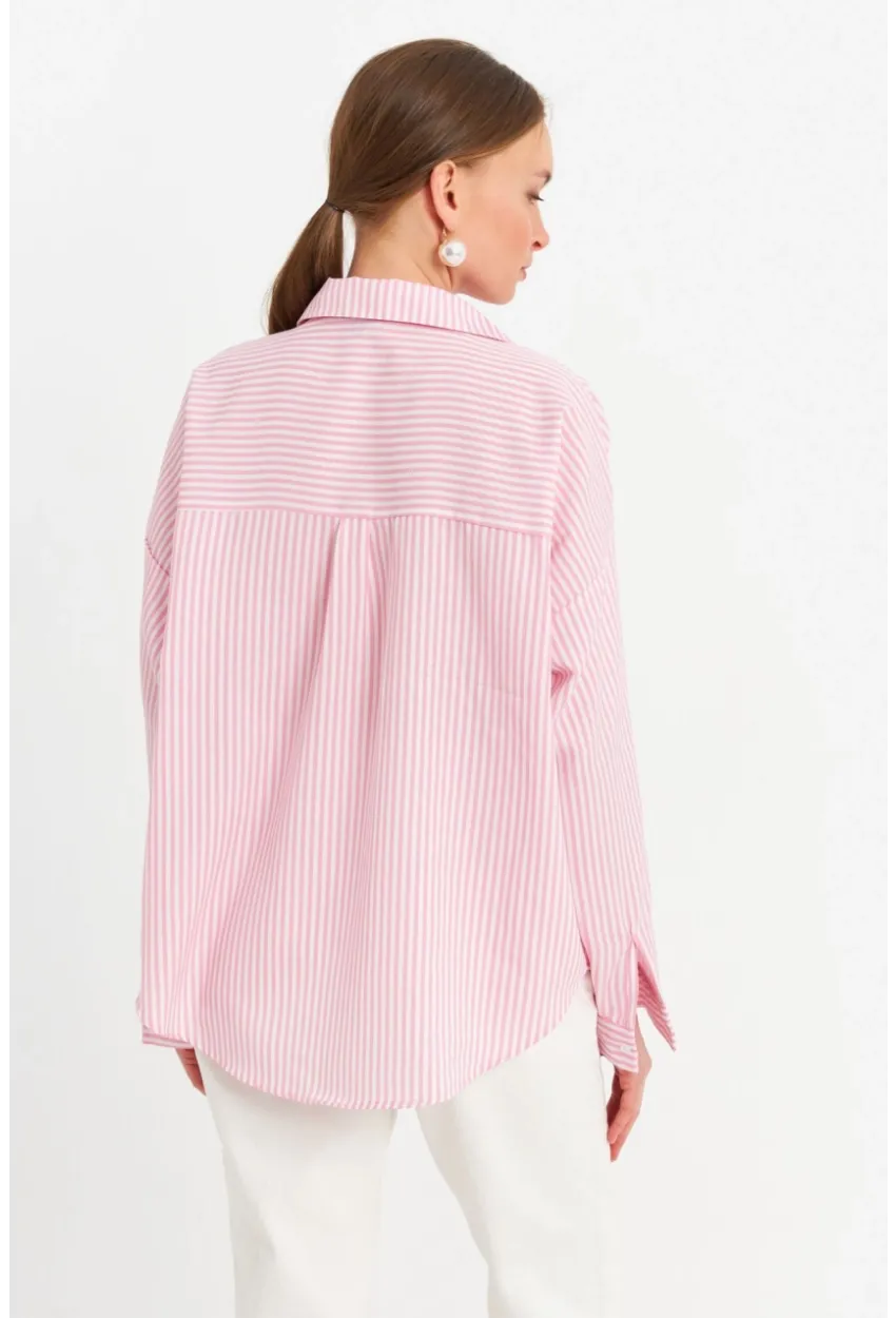 Kadın Ekru-Pembe Çizgili Gömlek ZER425