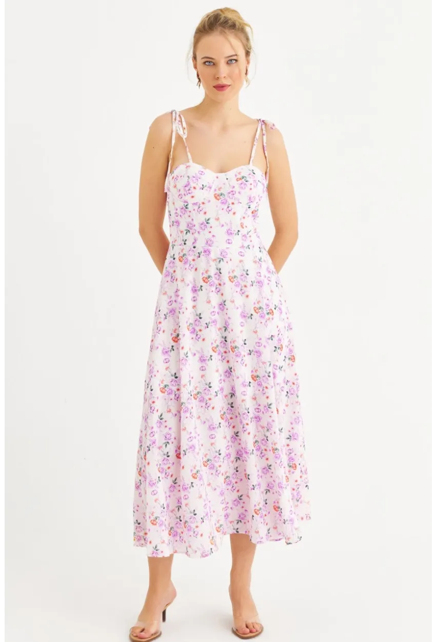 Kadın Ekru-Pembe İp Askılı Çiçekli Midi Elbise ERL10013