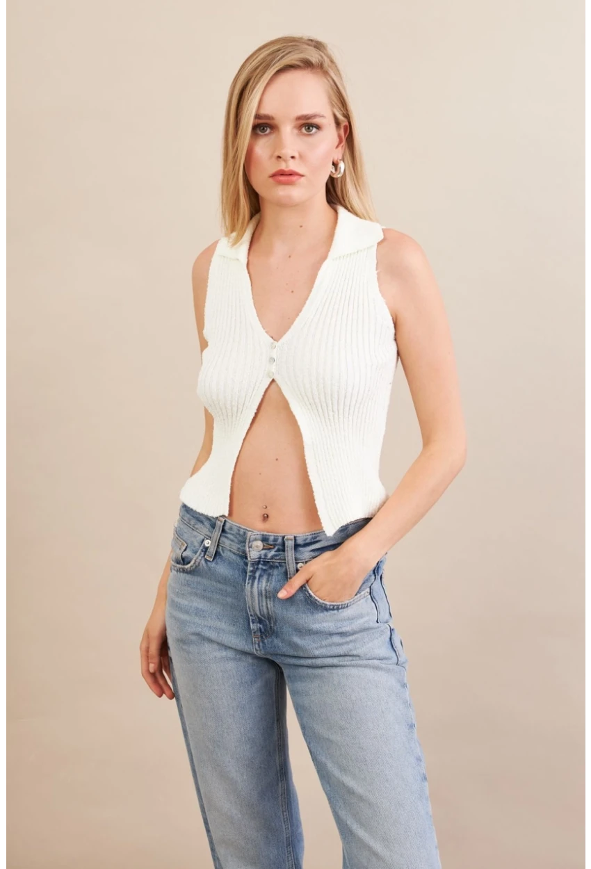 Kadın Ekru Polo Yaka Yumoş Yelek ZH050