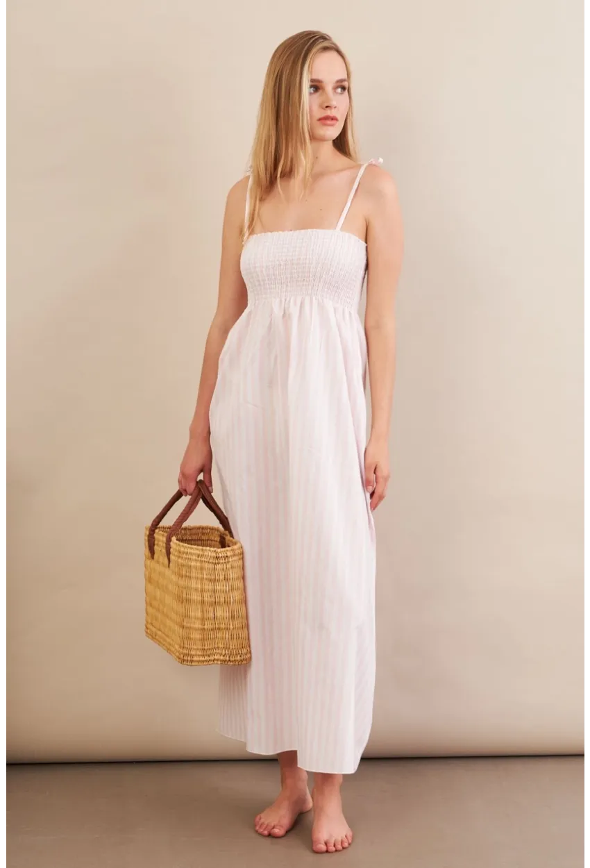 Kadın Ekru-Pudra Straplez Çizgili Plaj Elbisesi OR502