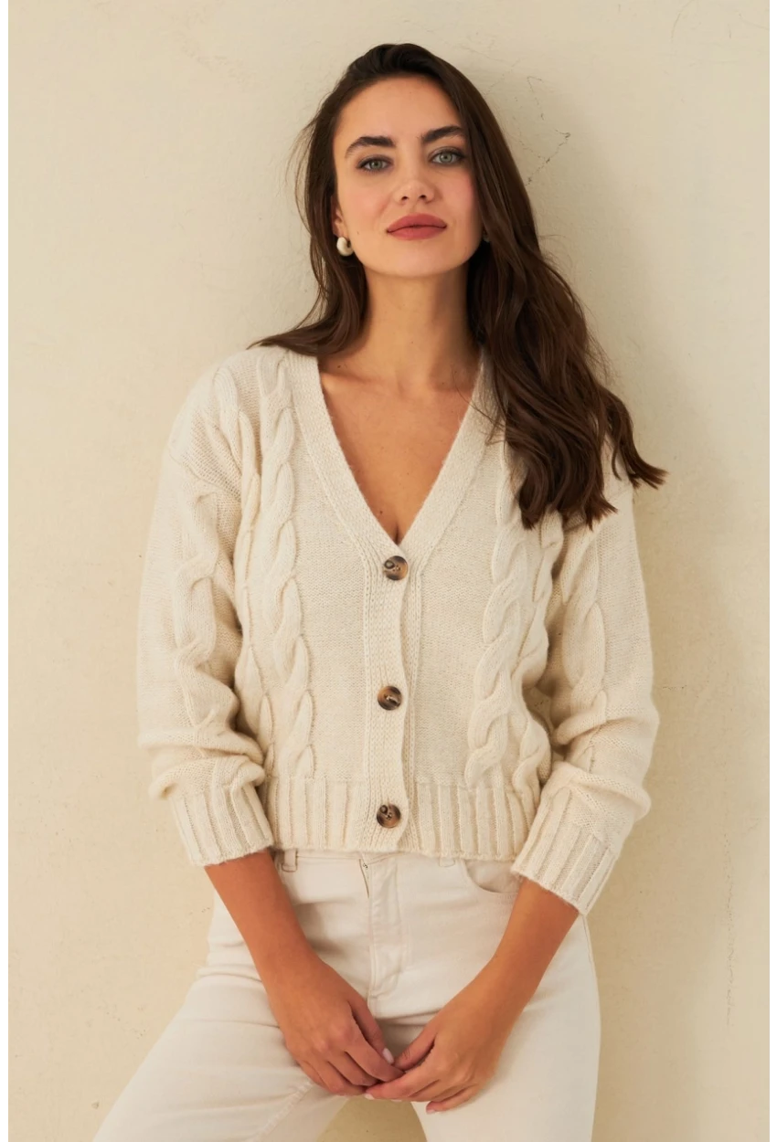 Kadın Ekru Saç Örgülü Hırka YV295