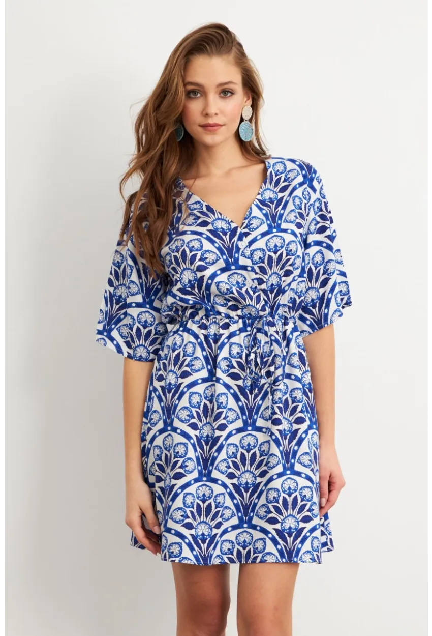 Kadın Ekru-Saks Desenli Mini Elbise Q1006