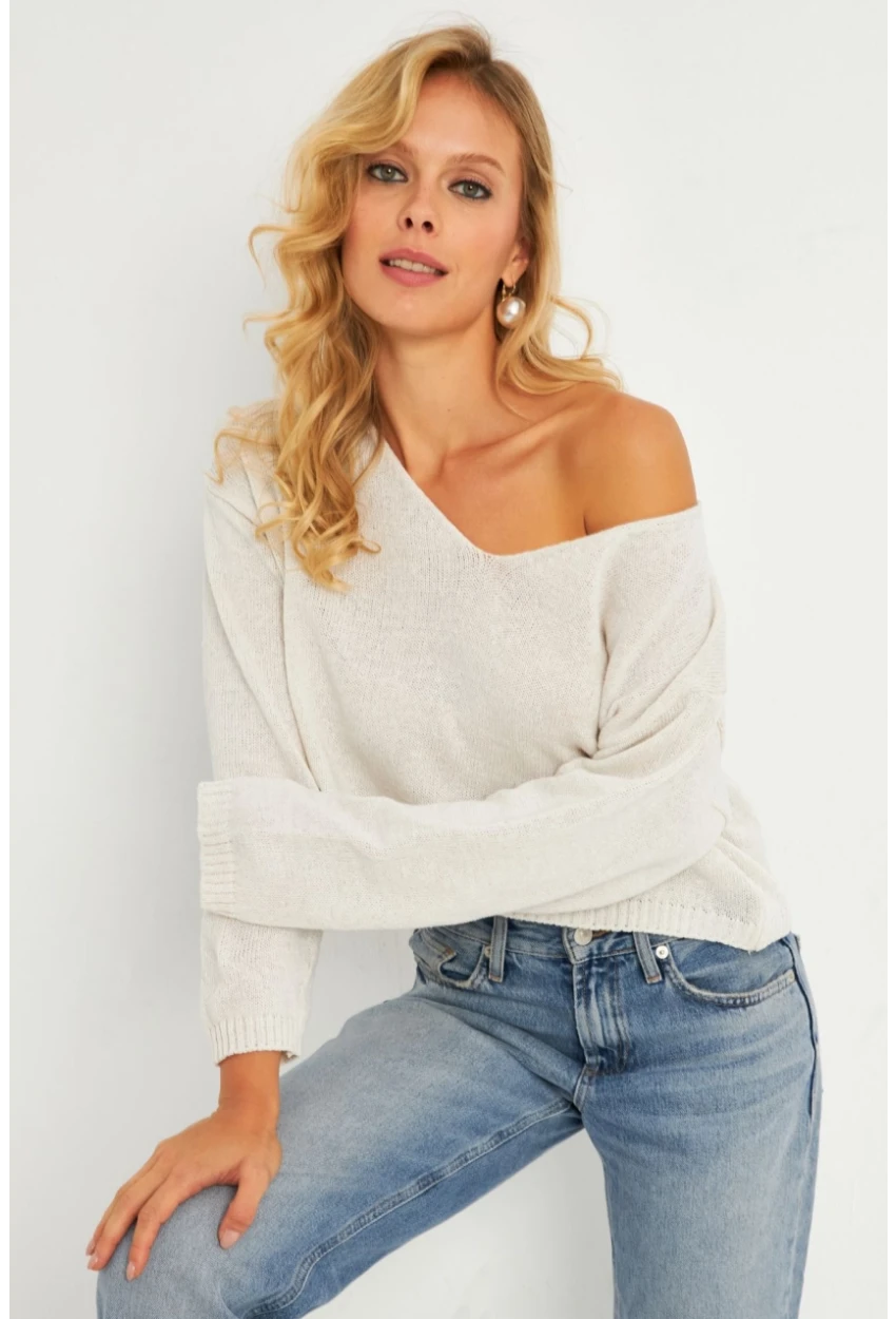 Kadın Ekru Salaş Kısa Triko Bluz YV281