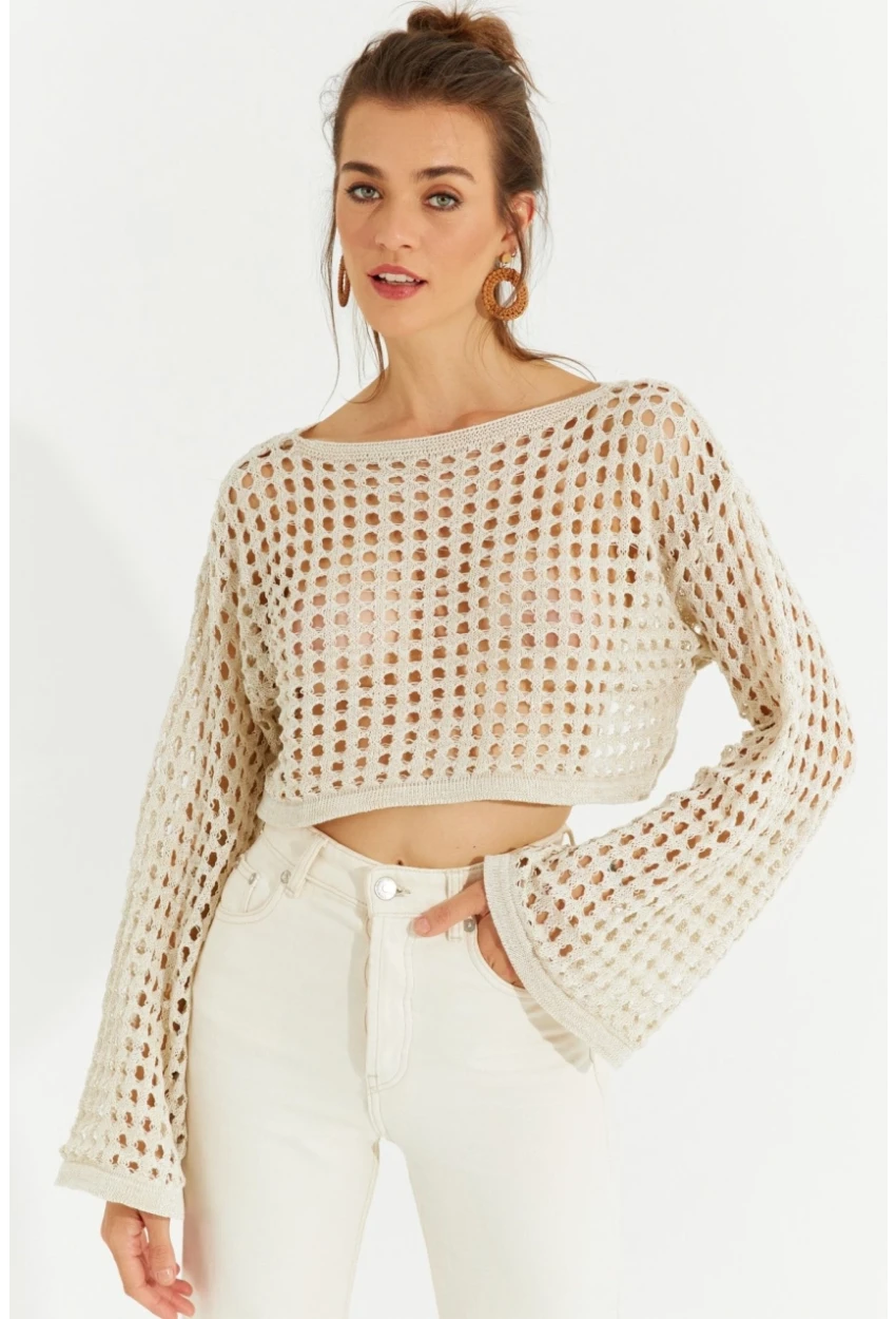 Kadın Ekru Simli Ajurlu Triko Kısa Bluz YV141