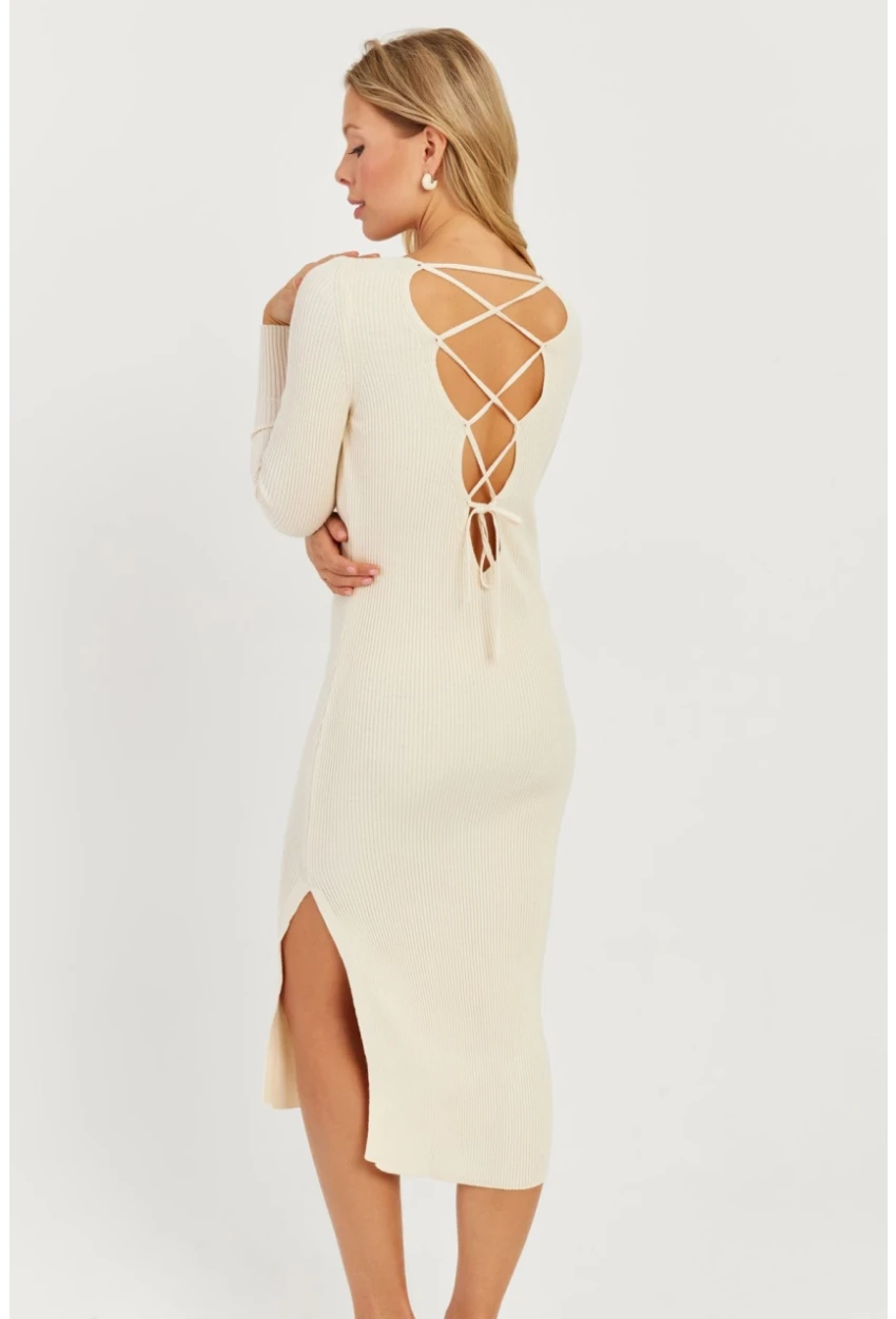 Kadın Ekru Sırtı Çapraz Triko Midi Elbise YZ407