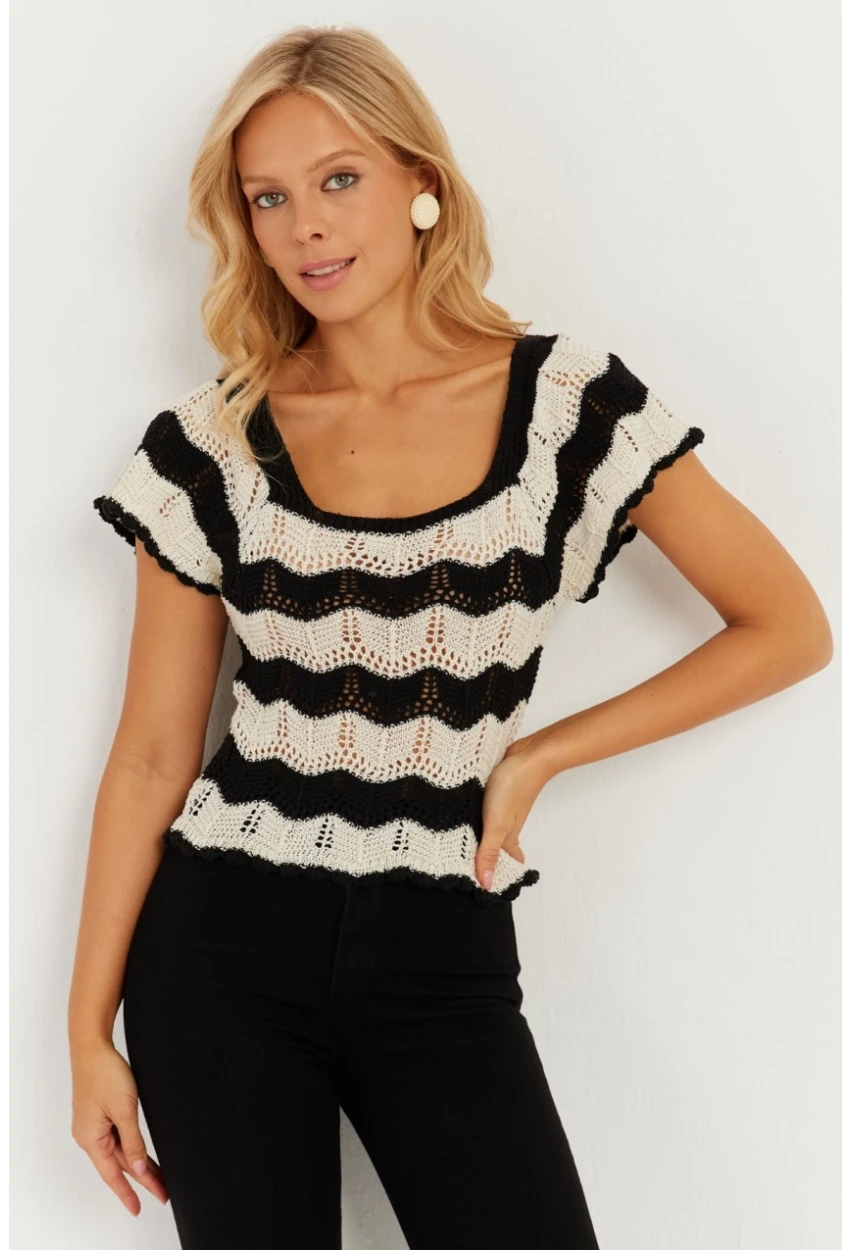 Kadın Ekru-Siyah Ajurlu Triko Bluz YZ624