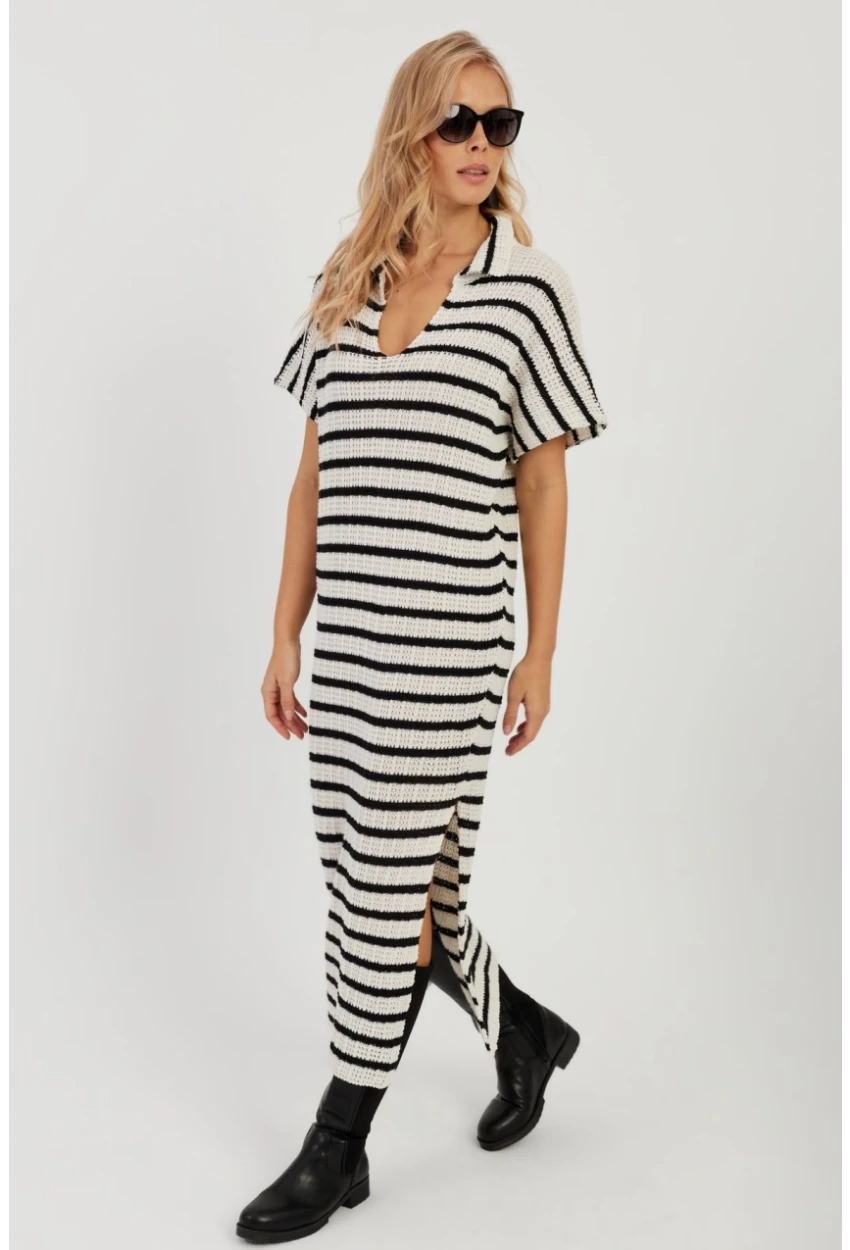 Kadın Ekru-Siyah Ajurlu Triko Midi Elbise YZ622