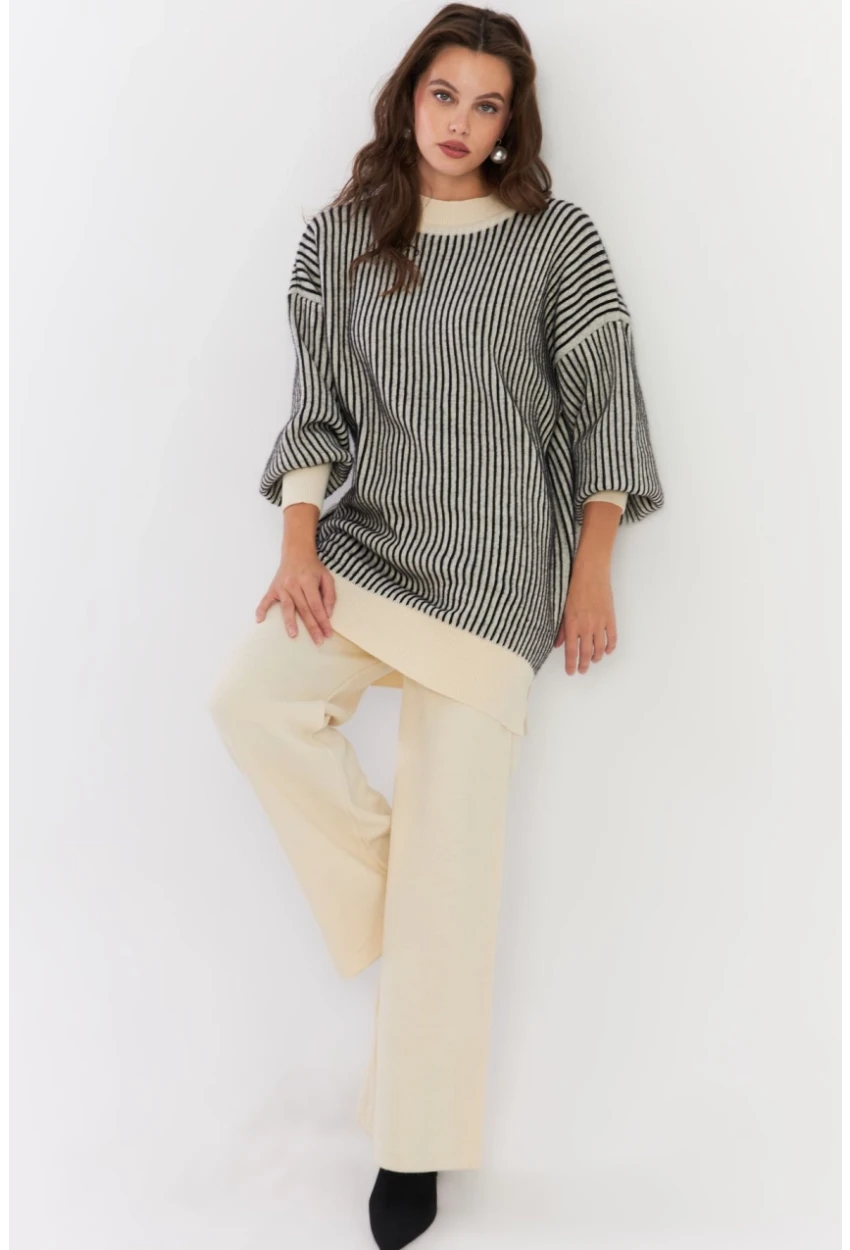 Kadın Ekru-Siyah Alt Üst Pantalon Triko Takım NUV35