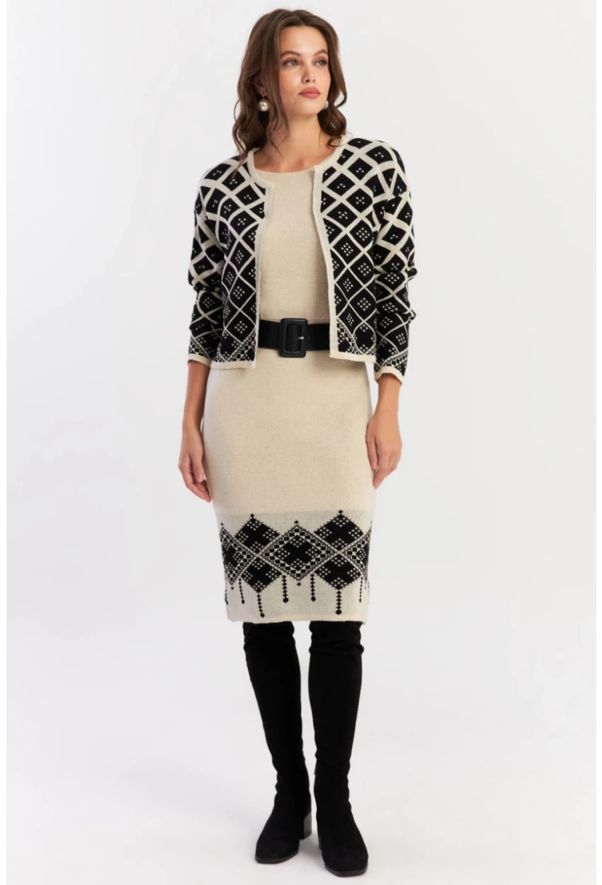 Kadın Ekru-Siyah Alt Üst Triko Desenli Takım NUV2028