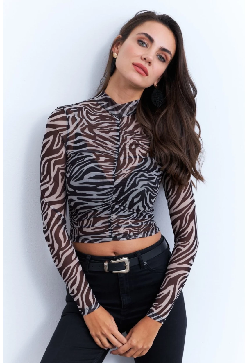 Kadın Ekru-Siyah Büzgülü Desenli Tül Bluz AYD379