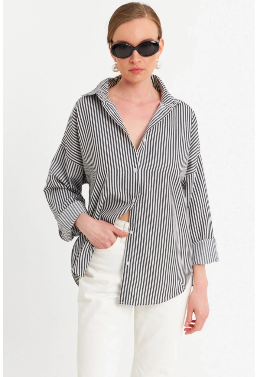 Kadın Ekru-Siyah Çizgili Gömlek ZER425